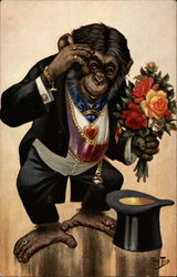 Chimpanzee in tuxedo holding flowers Postcard