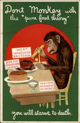 Monkey sitting at a table inspects his food with a scope Monkeys Postcard Postcard