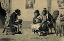 Monkey suitor proposes marriage in parlor of lady monkey and daughter Monkeys Postcard Postcard