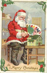 A Merry Christmas - Santa Painting Toys, Smoking Pipe Postcard