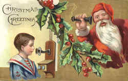 Christmas Greetings - Santa on Telephone Postcard