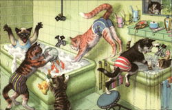 Cats taking baths in the tub and sink Postcard Postcard