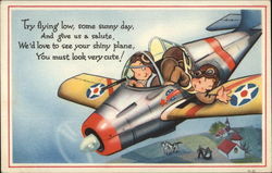 boys flying plane over farm Military Postcard Postcard