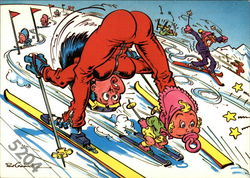 Babies skiing and causing other skiers to wreck Cartoons Postcard Postcard