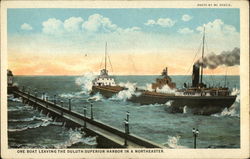 Ore boat leaving the harbor in a northeaster Postcard