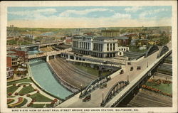 Bird's Eye View of Saint Paul Street Bridge and Union Station Baltimore, MD Postcard Postcard