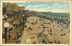 Beach scene showing sand sculpture Atlantic City, NJ Postcard Postcard