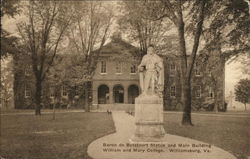 Baron de Botetourt Statue and Main Building, William and Mary College Williamsburg, VA Postcard Postcard