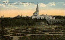 West Entrance and Panama-California Exposition from Rose Gardens, 1915 San Diego, CA Postcard Postcard