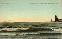 Lighthouses and Breakwater Sheboygan, WI Postcard Postcard