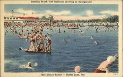 Shafer Lake Bathing Beach with Ballroom Showing in Background Monticello, IN Postcard Postcard