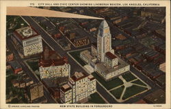 City Hall and Civic Center Showing Lindbergh Beacon Los Angeles, CA Postcard Postcard