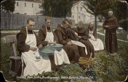 Shelling peas for the noonday meal, Santa Barbara Mission Postcard