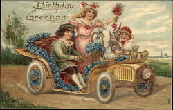 Birthday Greetings - Children in Automobile Postcard