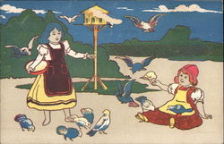 Girls Feeding Birds Postcard