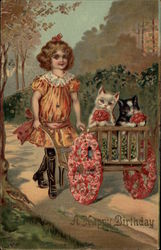 Little Girt and Two Kittens Postcard