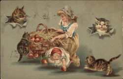 Children Picking apples Surrounded by Cats Postcard Postcard