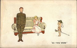 As You Were, with Soldier, Lady, and Cupid with Sword Postcard