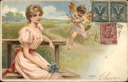 Girl on Bench with Cupid Postcard