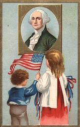 Girl and Boy Looking at Portrait of Washington Postcard