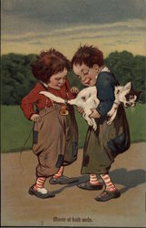 Two boys tying bell on cat's tail Postcard