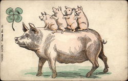 Good Luck: Four Piglets Ride on Their Mom's Back Pigs Postcard Postcard