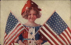 Little Girl Holding Two American Flags Patriotic Postcard Postcard