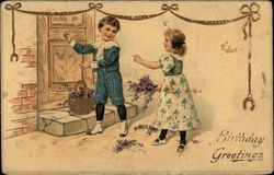 Children Leave Flowers and Knock on Door Postcard