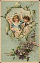 Two Children with Flowers Postcard Postcard