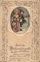 Girl and Boy in the Snow Children Postcard Postcard