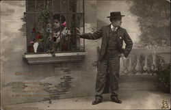 Man Courting Woman Through Window Postcard