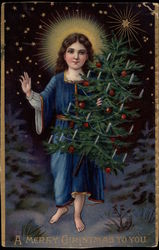 Child With Halo Carrying a Christmas Tree Angels Postcard Postcard