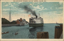 Excursion Steamer leaving Harbor Racine, WI Postcard Postcard