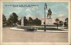 One of the entrances to City Park, showing Beauregard Statue Postcard