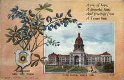 View of State Capitol, Flower, and Shield Austin, TX State Flowers & Seals Postcard Postcard