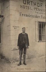 Man in Front of Hotel Postcard