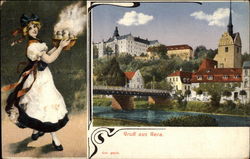 View of Town and River, and Girl Carrying Bowl of Dumplings Postcard