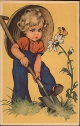 Young Girl Digging Up a Daisy Postcard