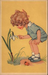 Young Girl Looking at a Snowdrop Sweden Girls Postcard Postcard