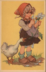 Young Girl Picking Petals Off Daisy Postcard