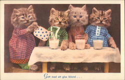 Four Kittens in Dresses Drinking Glasses of Milk Postcard