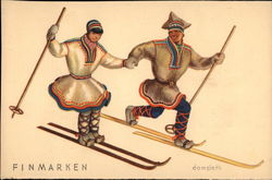 Two Norwegian Skiers Finmarken, Finland Postcard Postcard