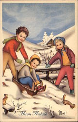 Buon Natale - Happy Christmas - Children Toboganning in Snow Postcard