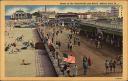 Scene on the Boardwalk and Beach Asbury Park, NJ Postcard Postcard