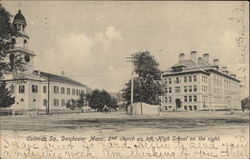 Codman Sq., 2nd Church on Left, High School on the Right Postcard