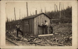 Three Men by Railroad Shack Sinnamahoning, PA Postcard Postcard