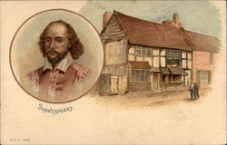 Portrait of William Shakespeare and Old Half-Timbered Cottage Postcard