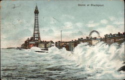 View of Stormy Waves & Blackpool Tower Postcard