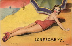 Lonesome ?? Bathing Beauty on a Beach Postcard