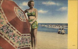 Woman In Bathing Suit by Beach Umbrella Swimsuits & Pinup Postcard Postcard